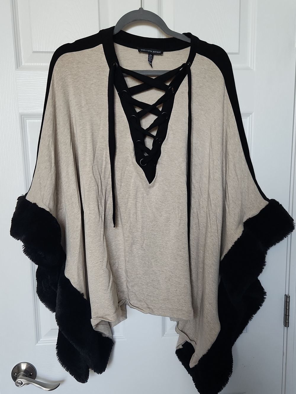 Saks Fifth Avenue Beige and Black Lace-Up Poncho With Faux Fur Trim